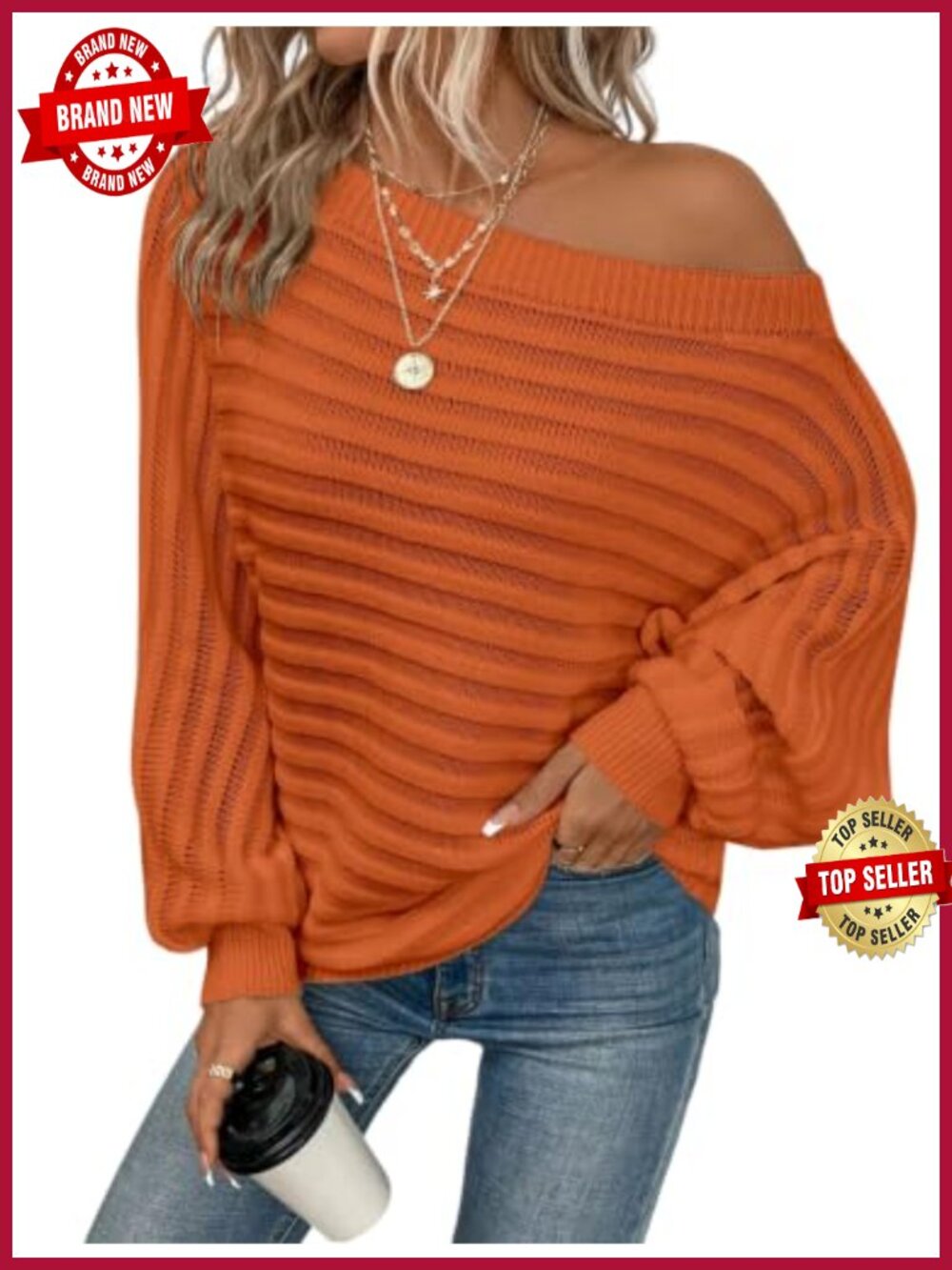 Women Off Shoulder Batwing Sleeve Oversized Knit Sweater Pullover